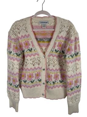 Cotton Emporium Cream Floral Scalloped Hem Knit Cottagecore Cardigan Sz XL